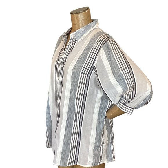 Peter Nygard Balloon Sleeve Button-Up Metallic Stripe Top M/L Gray Silver 295i - Picture 4 of 9